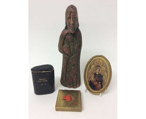 Carved gilt and polychrome wood figure, possibly Spanish Colonial (19th century or earlier) of a saint with axe, possibly Sai