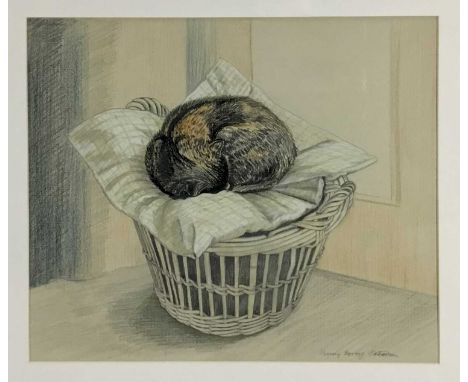 Penny Berry Paterson (1941-2021) five works - pencil and watercolour drawing of cat in laundry basket, signed, 38cm x 32cm, i