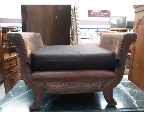 Old studded leather stool and an oak butlers tray (no stand) and a pine trunk (3)