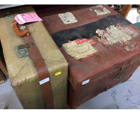 Vintage leather trunk and cloth and leather suitcase