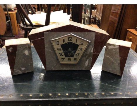 Art Deco marble clock garniture, together with eight other clocks