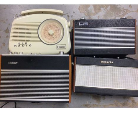 Four vintage radios including Roberts and Carlsbro Sherwood Junior amp