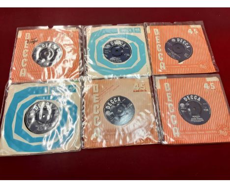 Box of single records on the Decca label including Billy Fury, Marianne Faithfull, Bob Cort, Mojo's, Tornados, Dave Berry, Jo