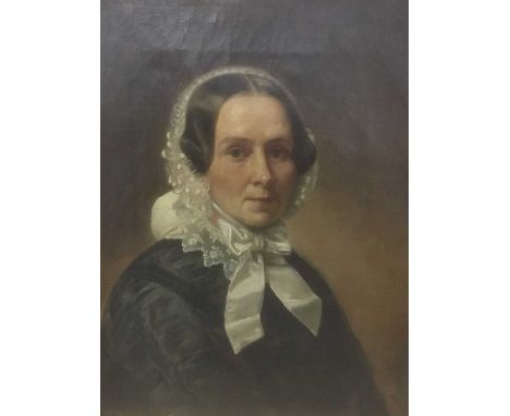 Continental School, 19th century, oil on canvas, half length portrait of a woman wearing white bonnet, inscribed to stretcher