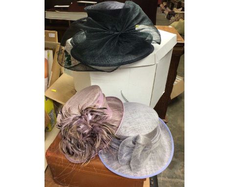 Three ladies occasion hats in Peter Bentley hat box, together with vintage suitcases