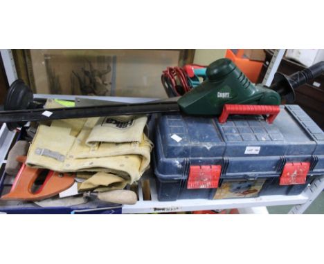 A shelf of tools to include a tool box plus contents, Coopers of Stortford hedge cutter, another similar, saws, etc