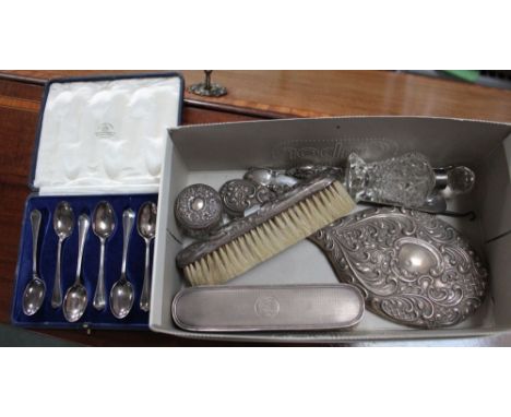 A cased set of six silver Mappin &amp; Webb teaspoons, together with eight other silver mounted items including button hooks,