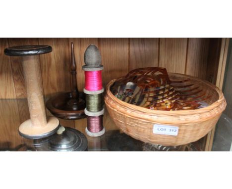 Basket of sewing items, military button, &amp; two hair combs &amp; ring holder