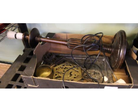 Turned wooden table lamp with domestic metalwares including repouse tray