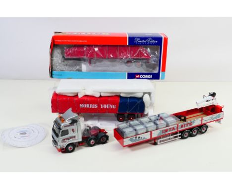 Corgi - #CC12427 Volvo FH Globetrotter crane trailer and palletised load together with 2 x diecast 1:50 scale trailers, namel