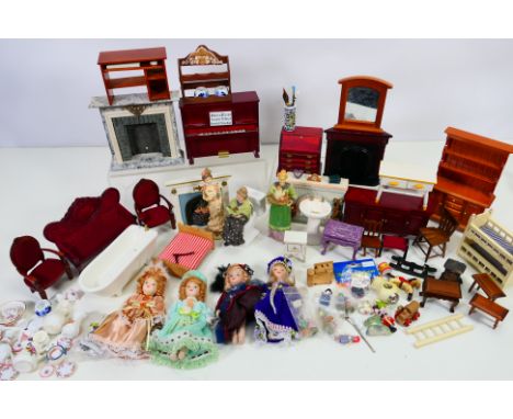 Dolls Hose - A collection of doll house furniture including bathroom suite, Welsh dresser, chairs, cabinets, bed, sideboard, 