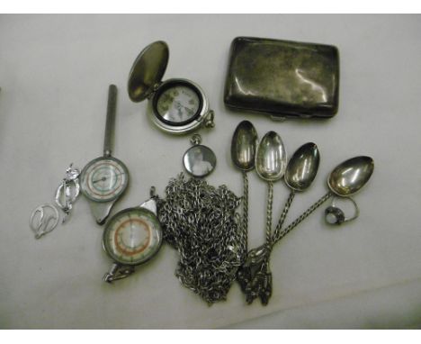 A HALL MARKED SILVER CIGARETTE CASE, COMPASS ETC