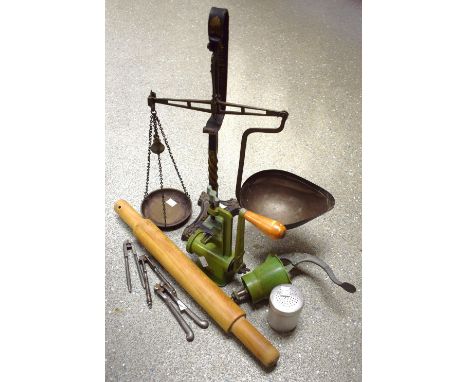 Kitchenalia - a set of Avery patent balance scales; a Spong mincer; nut crackers; rolling pin; etc