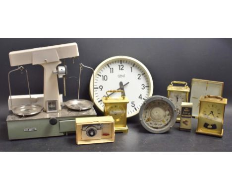 Boxes and Objects - a ships compass; Oertling scales; Gent clock; carriage clocks; etc