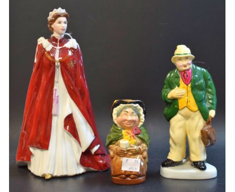 Ceramics - Royal Doulton Toby jug Sarie Gamp, Coalport pre-1920 Tinker, Worcester figure Elizabeth II 80th birthday (3) 