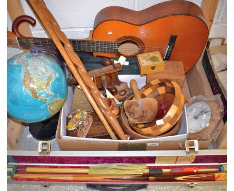 Boxes and objects - a Powerglide Arena snooker cue; cased set of Boules; Tatra classic acoustic guitar walking sticks; umbrel