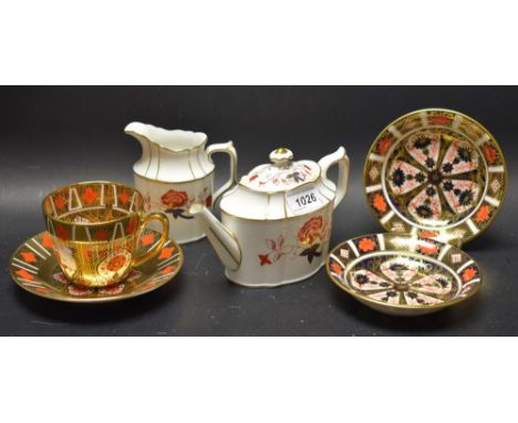 A pair of Royal Crown Derby 1128 Imari saucers; a Royal Crown Derby Bali teapot and cream jug, second quality; a Burtondale t