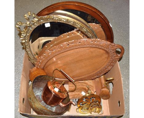 A circular mahogany framed mirror;  another oval gilt framed;  a large Indian brass bowl;  a brown onyx box;  a copper kettle