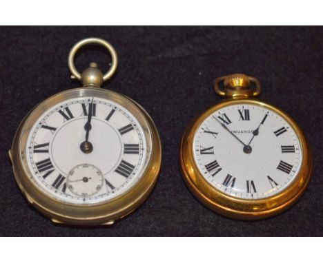Watches - a Continental white metal open face pocket watch, white dial, Roman numerals, minute track, subsidiary seconds, man