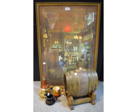 A Bass advertising poster, framed and glazed,55 x 81cm; a French coopered miniature oak and brass barrel on stand, marked GL;