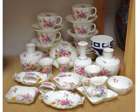 Royal Crown Derby Posies - tea strainer and bowl; sugar bowl; three miniature vases; five pin trays, various shapes; six cups