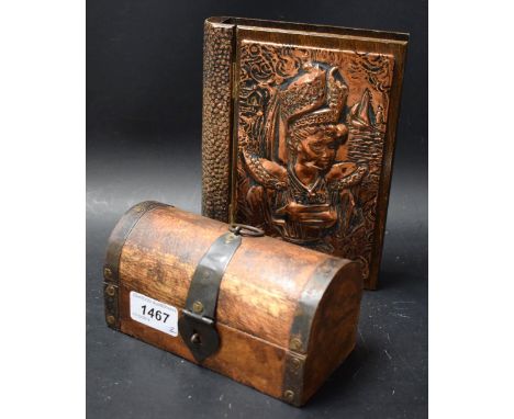 A copper mounted rectangular book box, the lid decorated with a portrait of a Priestess; a miniature domed trunk (2)