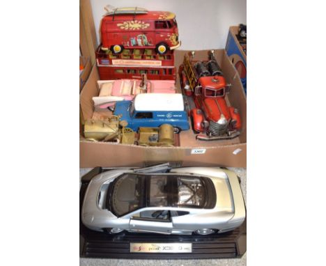 A Sunstar model Radio Rescue Mini van;  an American Fire Dept engine;  others VW camper van;  bus , Burago Jaguar XJ220 etc (