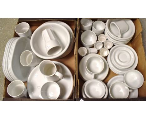 White glazed catering ceramics, breakfast cups and saucers, plates, bowls, serving dishes; qty (2 boxes)