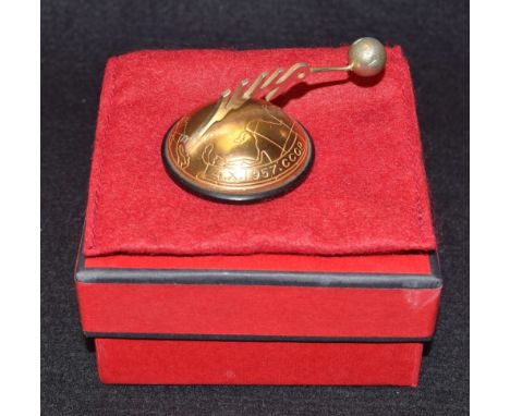 A brass miniature Sputnik souvenir half globe desk weight, CCCP 1957, boxed 