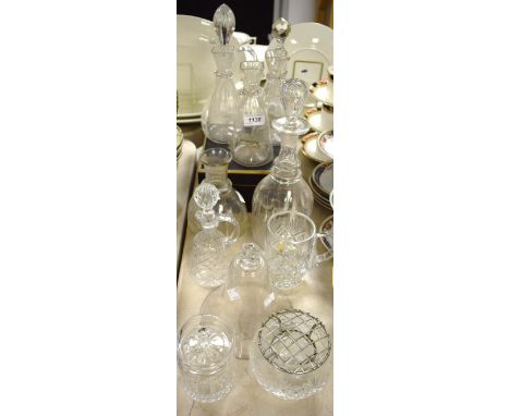 Glass - a 19th century mallet shaped decanter and stopper; a similar claret jug and stopper; a set of three panelled conical 