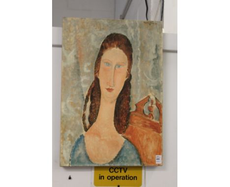 After Modigliani, a female bust, a colour print on canvas.