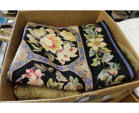 Two Aubusson style tapestry wall hangings and an embroidered throw or bed cover.