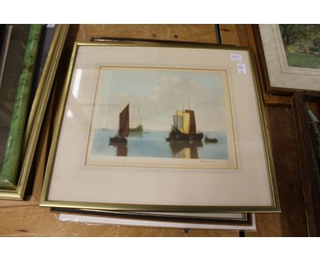 A colour print depicting sailing ships, signed, together with a print of Cavaliers outside an inn and a limited edition colou