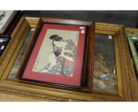 A large colour print of a lion and lioness and two other items.