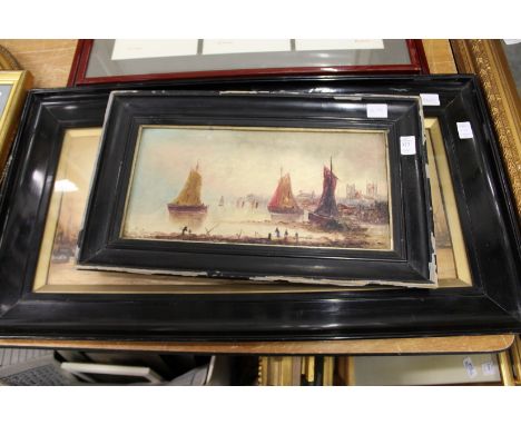 Sailing Ships in a Harbour oil on board, together with a similar print.