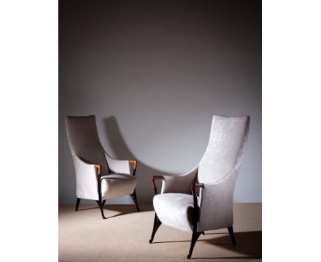 A FINE PAIR OF TALL BACK UPHOLSTERED 'PROGETTI' OPEN ARMCHAIRS, ITALIAN, BY GIORGETTI, with rounded.arms, on tapering outspla