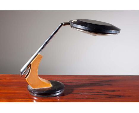 A 1960s CHROME AND WOOD 'SWIVEL' EXECUTIVES LAMP, 60cm wide x 40cm high
