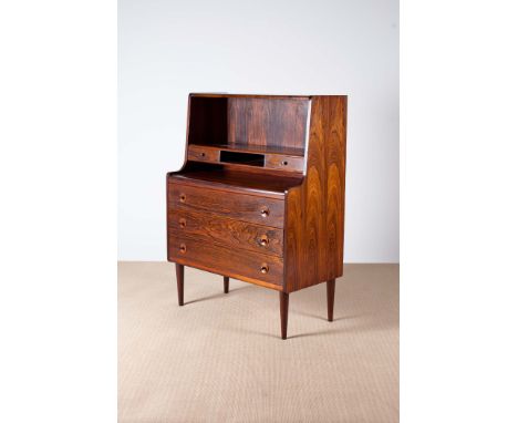 A DANISH ROSEWOOD BUREAU, 1960s, the top with open shelf superstructure with two drawers, above a base with three drawers on 