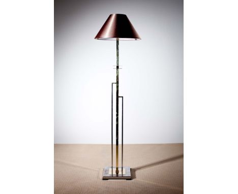 A CHROME AND GILT STANDARD LAMP, IN ART DECO STYLE, on an angular support and square base, 160cm high (excluding shade)
