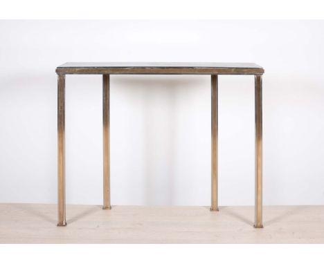 A GILT METAL CONSOLE TABLE, FRENCH, 1970s, the rectangular top inset with mirrored and smoked glass, raised on square support