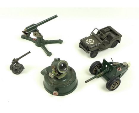 A group of three Astra military die cast toys, comprising searchlight, 9cm high, field gun on trailer and larger field gun, 1