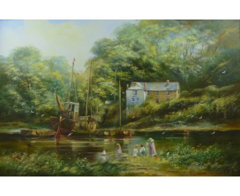 Ted Dyer (British, b. 1940): a group of children playing on a riverbank, anchored boat and cottage beyond, oil on canvas, sig