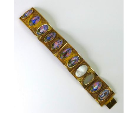 An early to mid 19th century Swiss gold bracelet, the articulated panels each set with two or three oval enamel portraits, ea