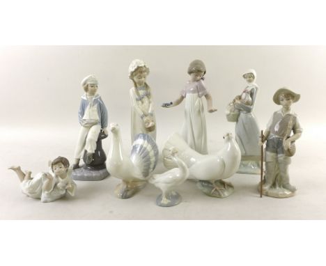 A collection of Lladro and Nao figures comprising, Lladro 'Gone Fishing, no. 4809, Lladro 'Girl with Rooster', no. 4591, Llad