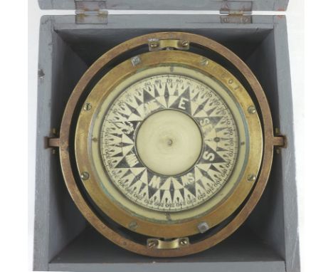 A late 19th century John Bliss of New York marine compass, American, brass body on gimbal, upper rim marked John Bliss and Co
