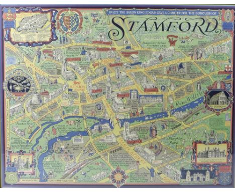 After Wilfrid Rene Wood (British, 1888-1976): map of Stamford, a six colour lithograph, signed and dated 1950 in the plate lo