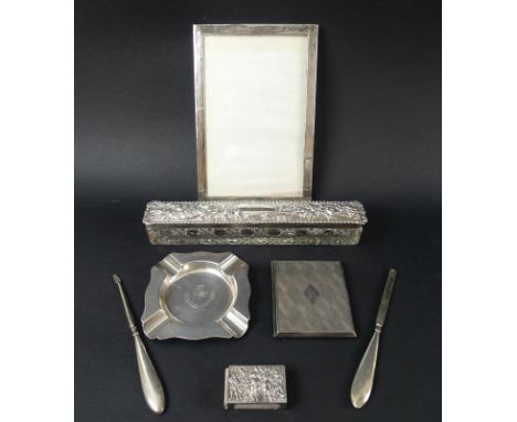 A collection of Edwardian and later silver including a George V silver cigarette case, the body diamond engraved  London 1928
