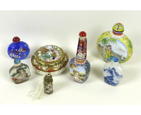 A collection of Chinese snuff and perfume bottles, Qing Dynasty and later, including a 19th century enamel on tin flask, with