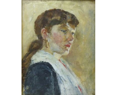 Circle of Mary Ethel Hunter (British, 1878-1936): portrait of a young lady, oil on canvas on board, unsigned, 18 by 23cm, fra