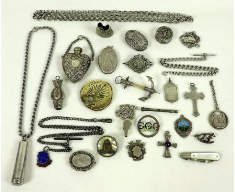 A Mappin and Webb silver gilt miniature compass and sundial, 20th century, together with a group of silver jewellery and vert